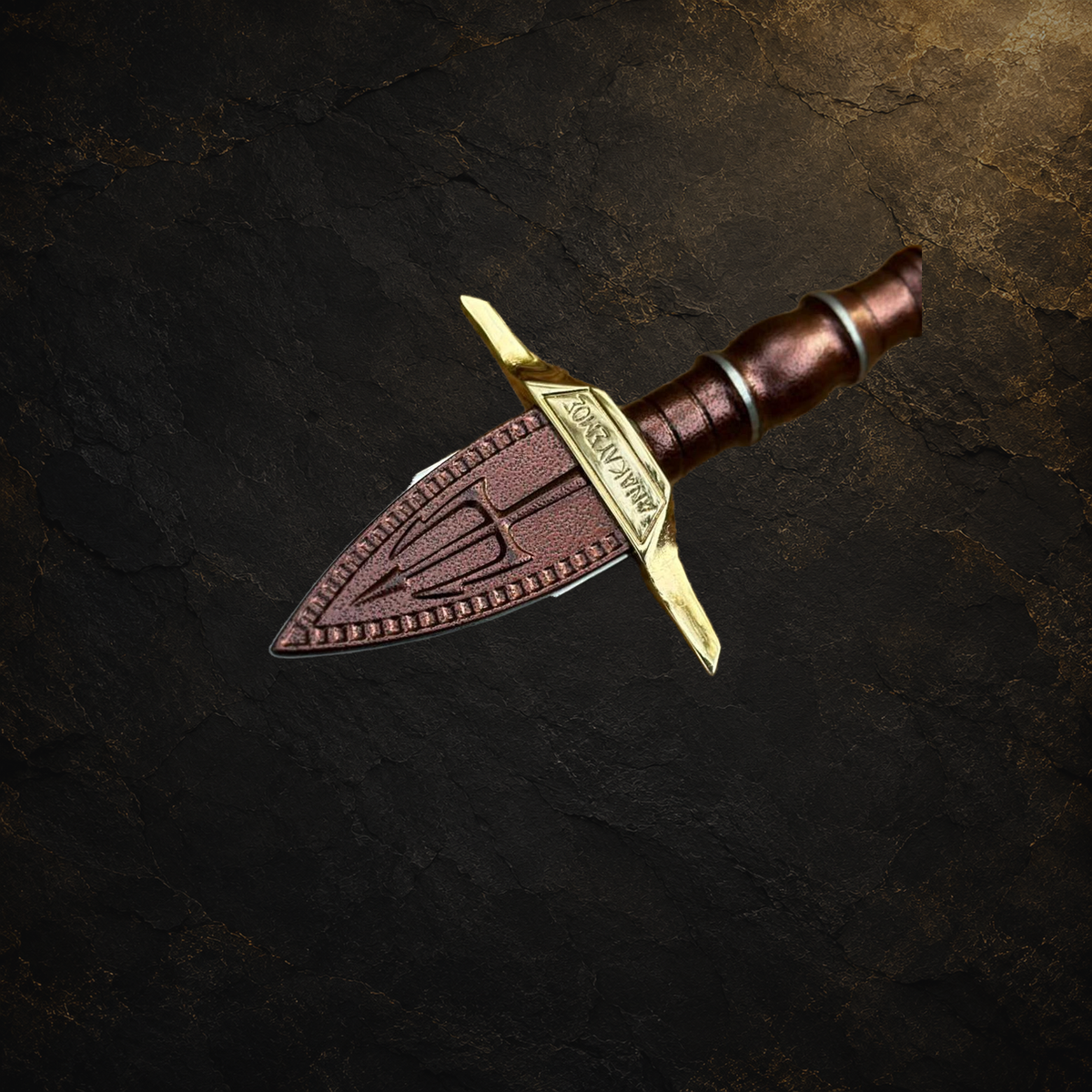 Ancient Greek fantasy sword replica, view 2 on charcoal slate background