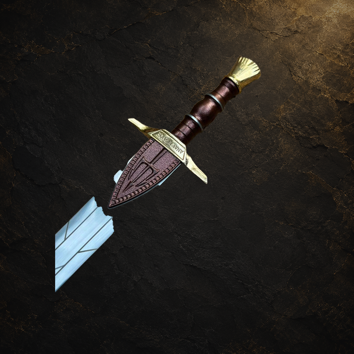 Ancient Greek fantasy sword replica, view 3 on charcoal slate background