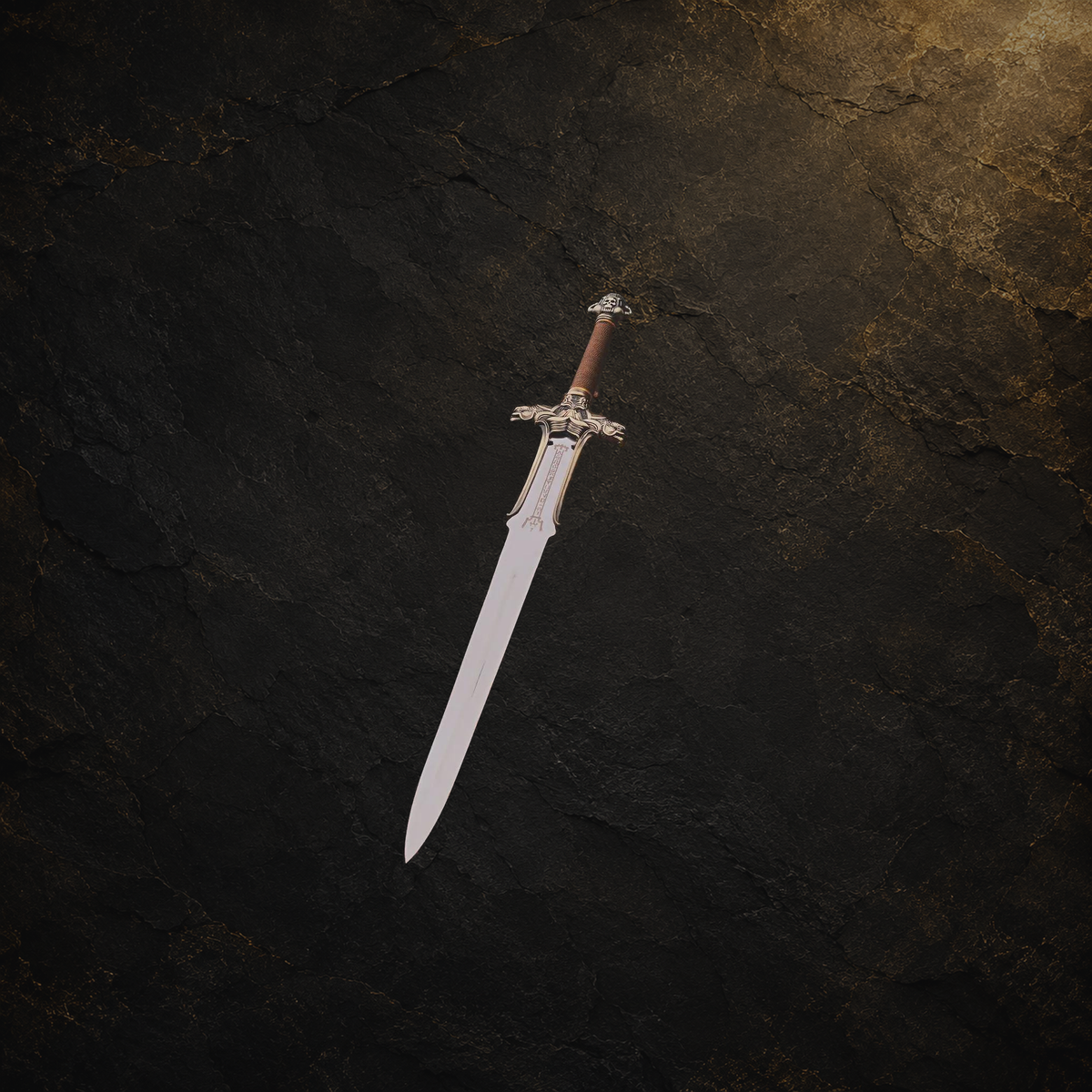 Conan Atlantean display sword replica, view 4 on charcoal slate background