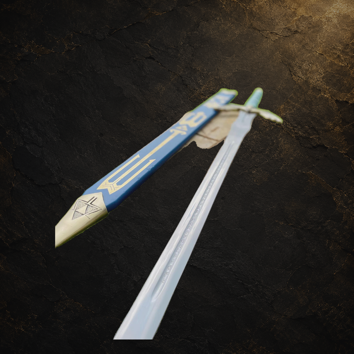 Zelda Master Sword cosplay prop and blue scabbard, view 2 on charcoal slate background