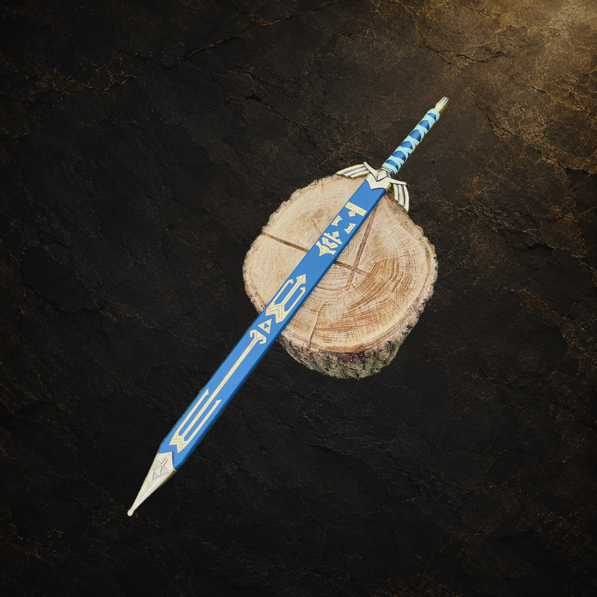 Zelda Master Sword cosplay prop and blue scabbard, view 4 on charcoal slate background
