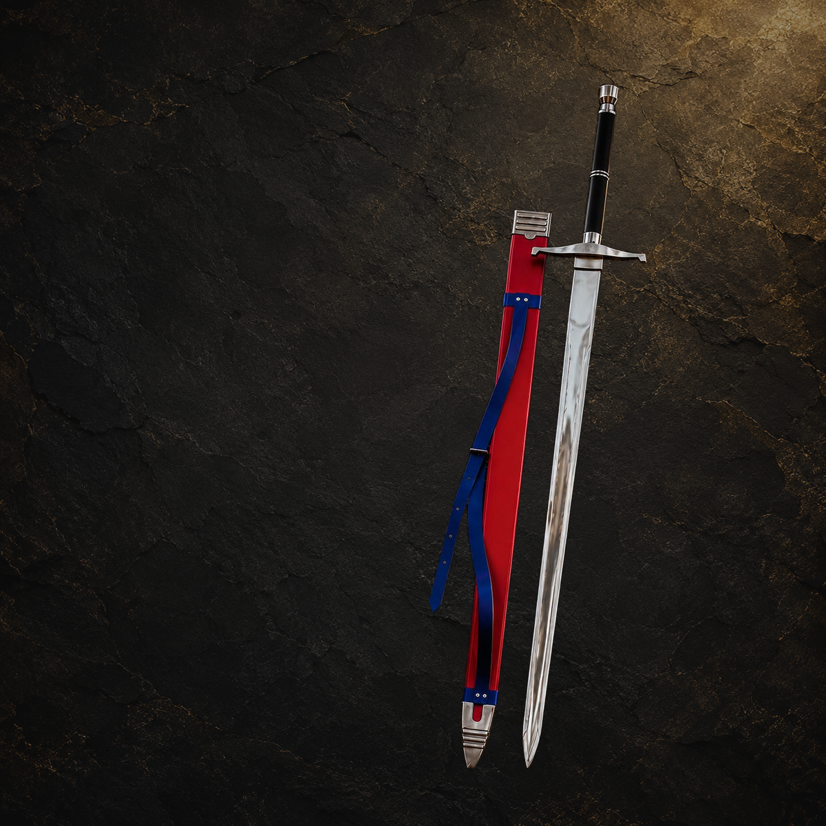 Medieval fantasy display sword and scabbard, view 2 on charcoal slate background