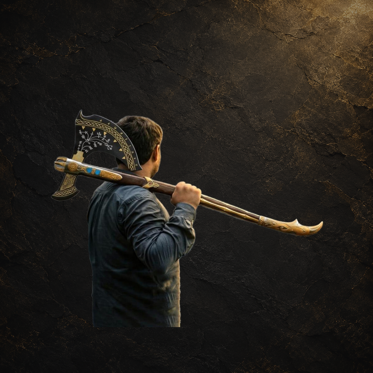 Norse decorative axe replica with wooden handle, view 1 on charcoal slate background
