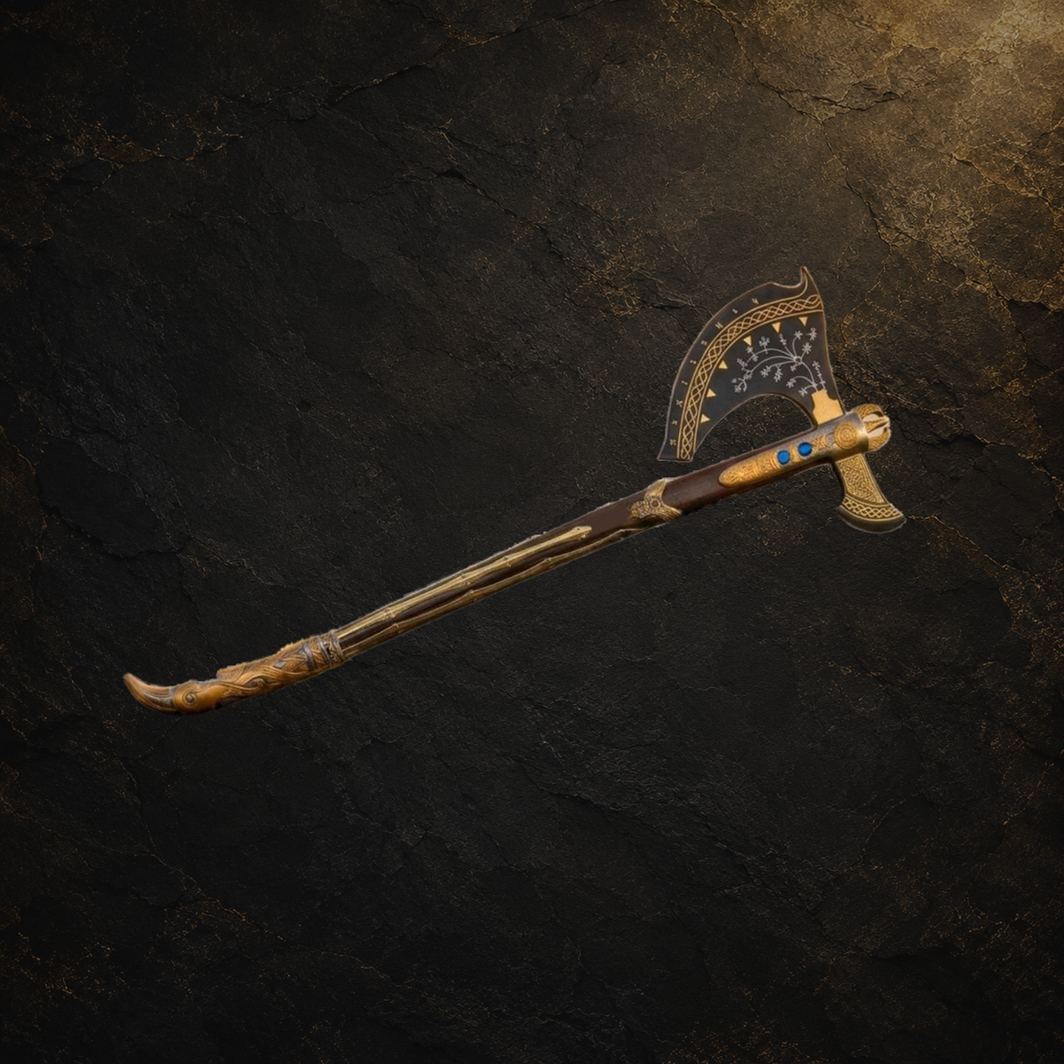 Norse decorative axe replica with wooden handle, view 3 on charcoal slate background