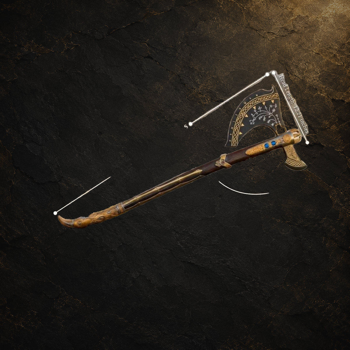Norse decorative axe replica with wooden handle, view 5 on charcoal slate background