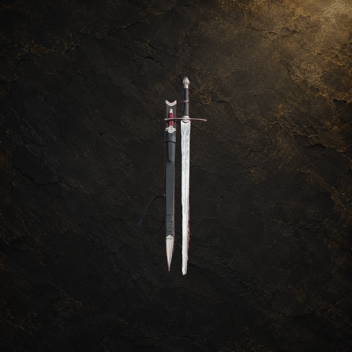 Ranger sword replica and scabbard, view 1 on charcoal slate background