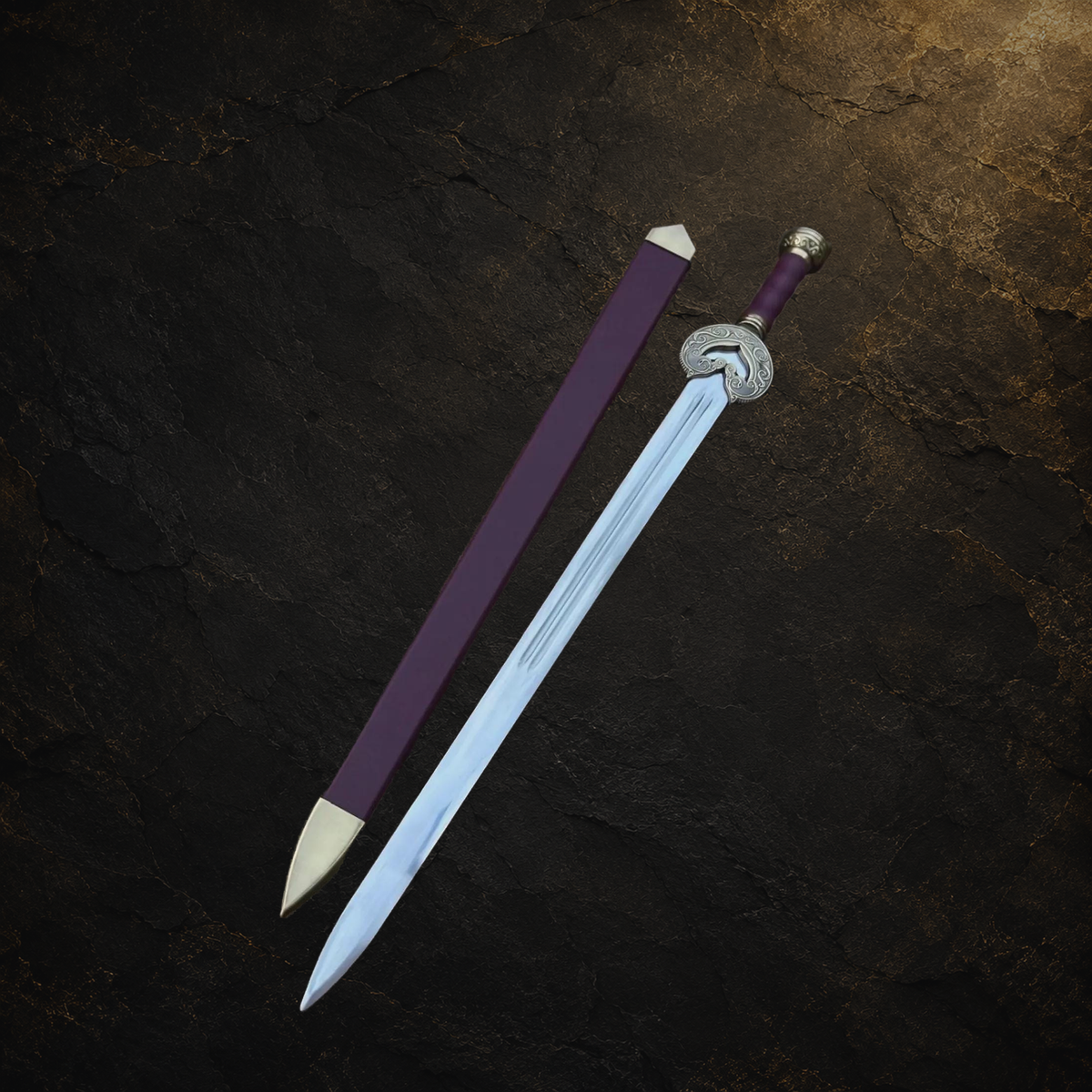 Rohan king display sword replica with scabbard, view 1 on charcoal slate background