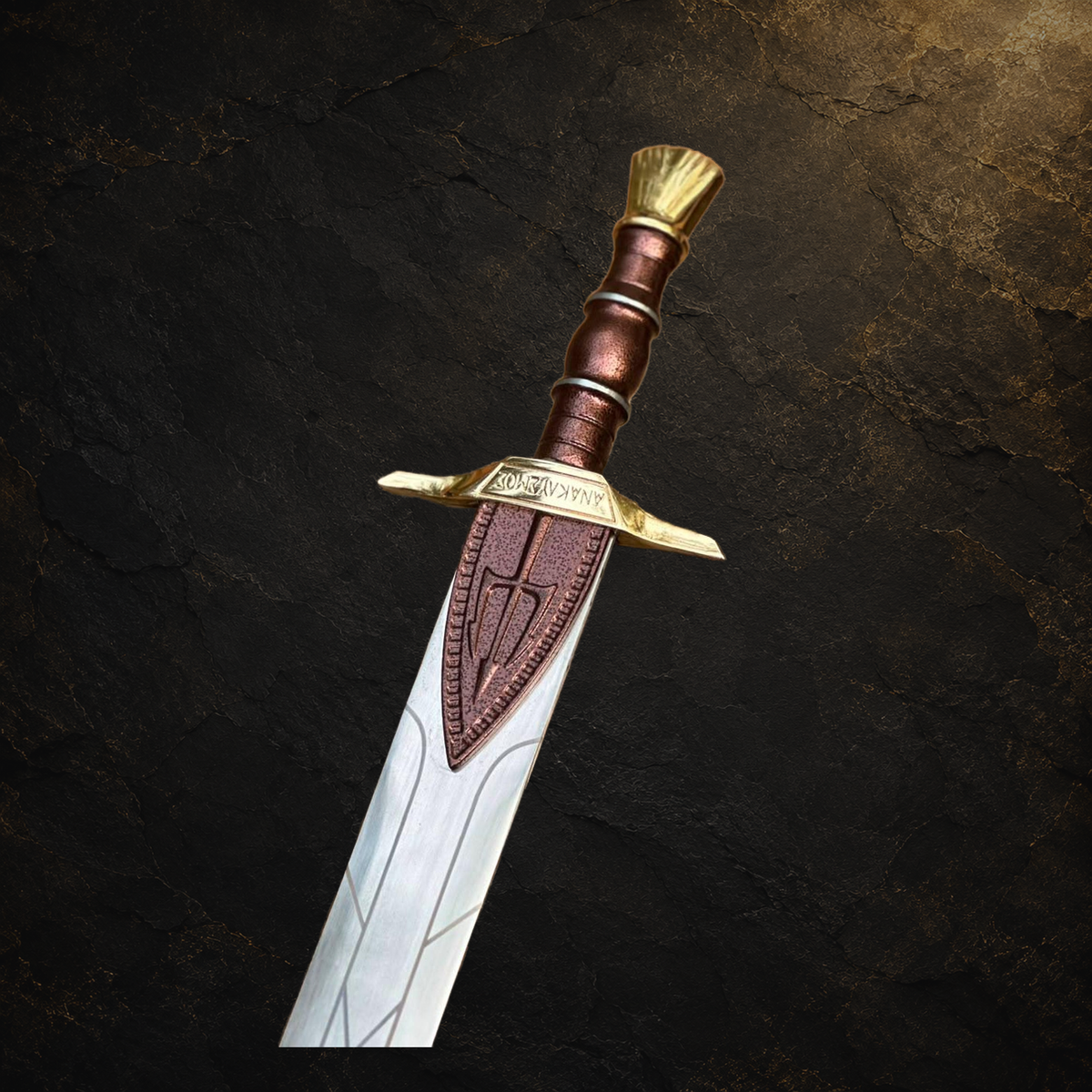 Ancient Greek fantasy sword replica, view 1 on charcoal slate background