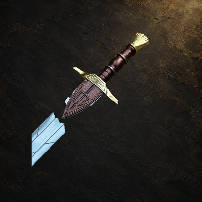 Ancient Greek fantasy sword replica, view 3 on charcoal slate background
