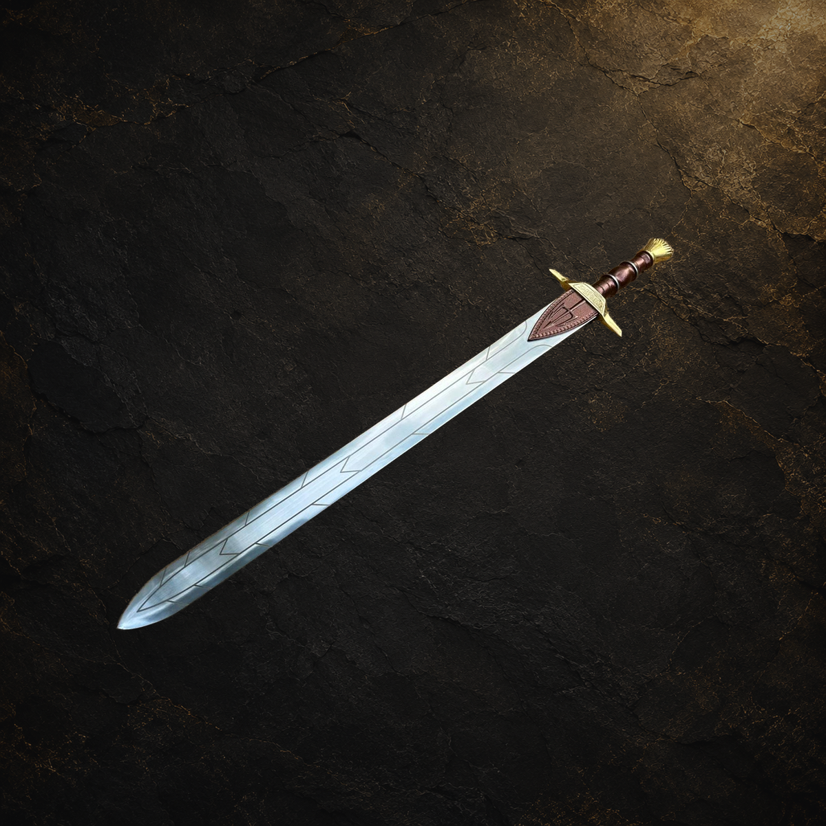 Ancient Greek fantasy sword replica, view 5 on charcoal slate background