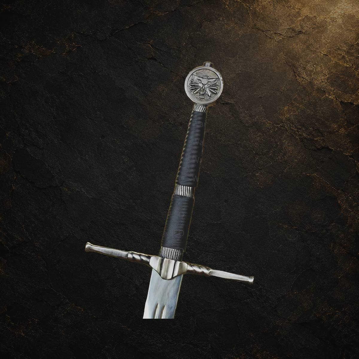 Classic Witcher display sword and short prop, view 5 on charcoal slate background