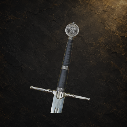 Classic Witcher display sword and short prop, view 5 on charcoal slate background