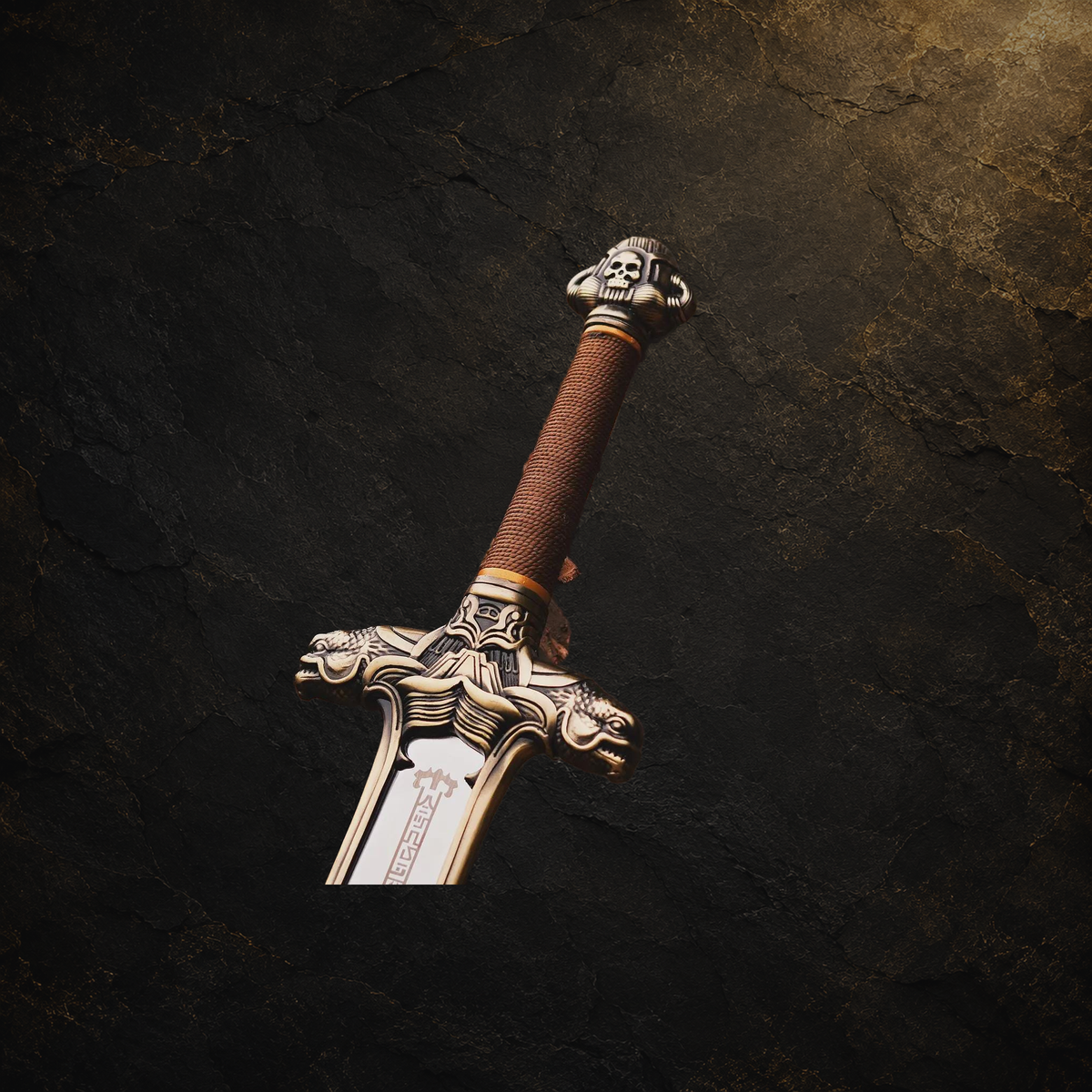 Conan Atlantean display sword replica, view 1 on charcoal slate background