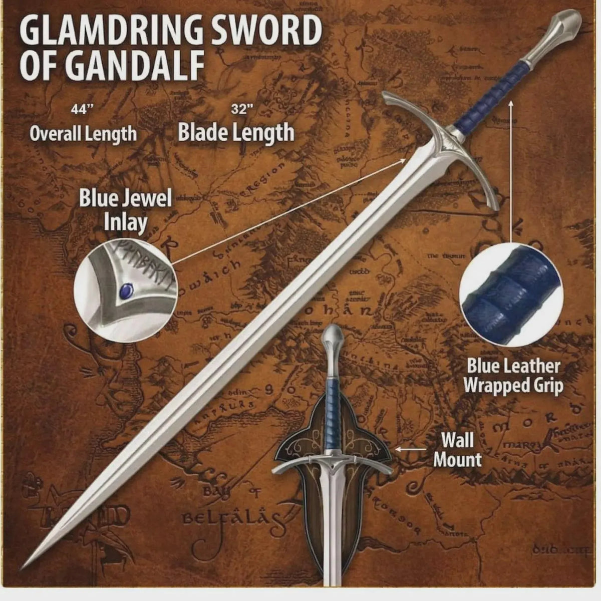 Blue Fantasy Wizard Sword Replica with Scabbard – Medieval Cosplay Prop & Collectible