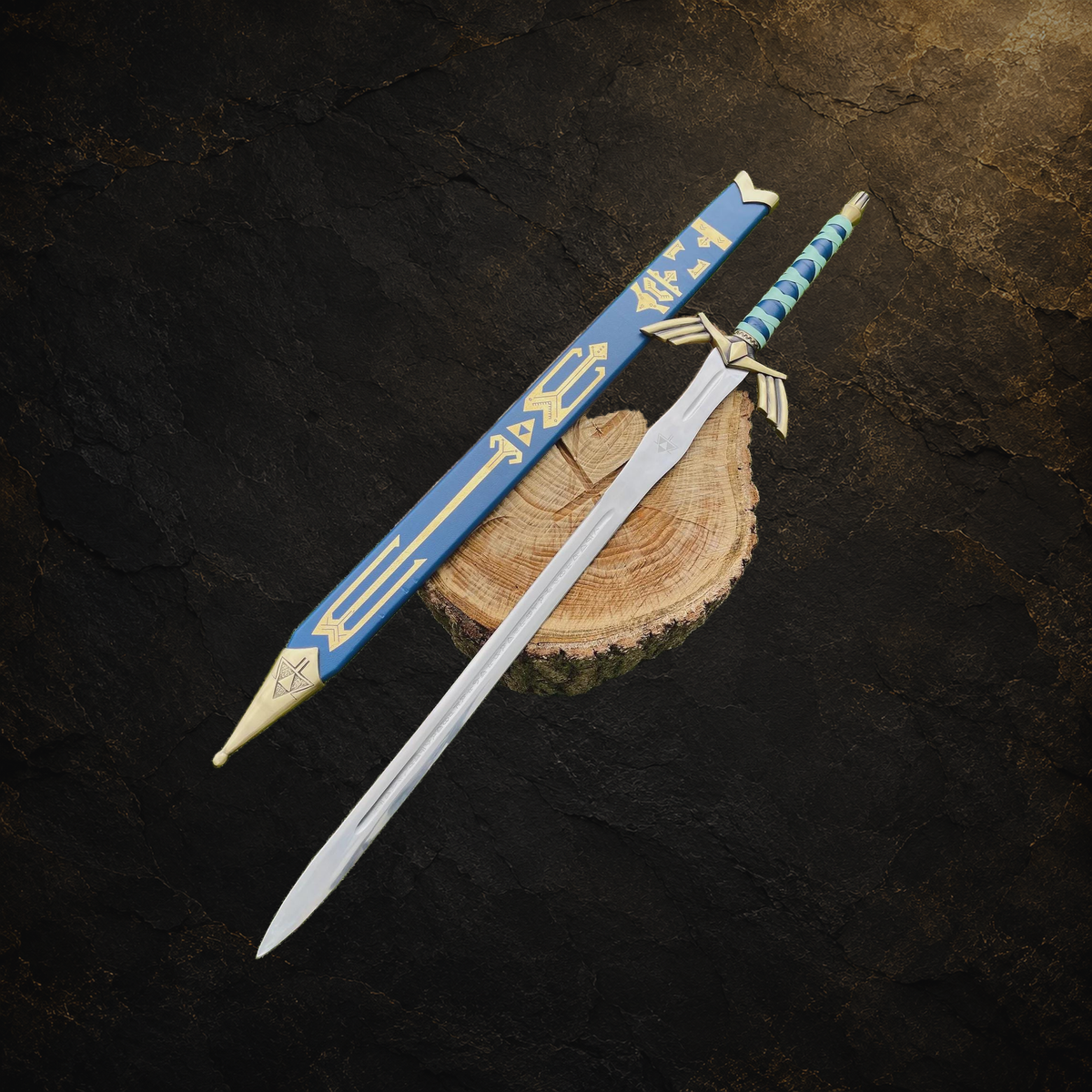 Zelda Master Sword cosplay prop and blue scabbard, view 1 on charcoal slate background