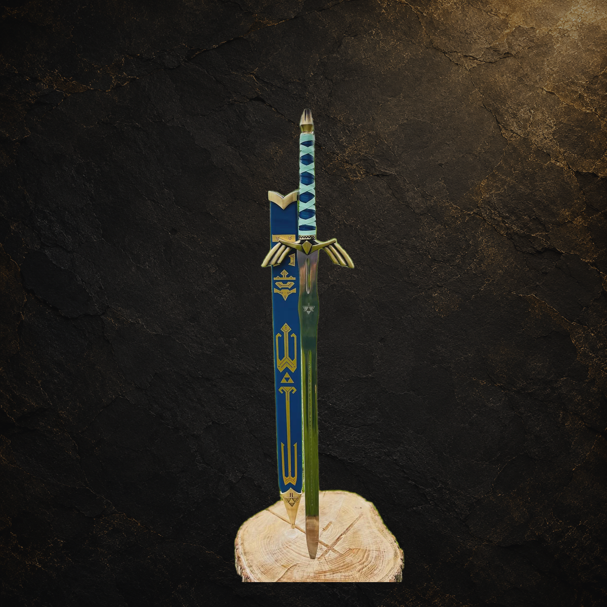 Zelda Master Sword cosplay prop and blue scabbard, view 3 on charcoal slate background