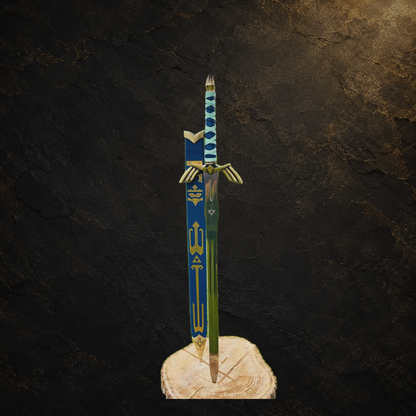Zelda Master Sword cosplay prop and blue scabbard, view 3 on charcoal slate background