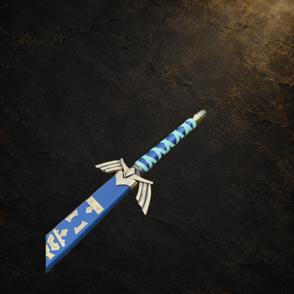 Zelda Master Sword cosplay prop and blue scabbard, view 5 on charcoal slate background