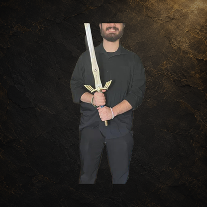 Zelda Master Sword cosplay prop and blue scabbard, view 6 on charcoal slate background