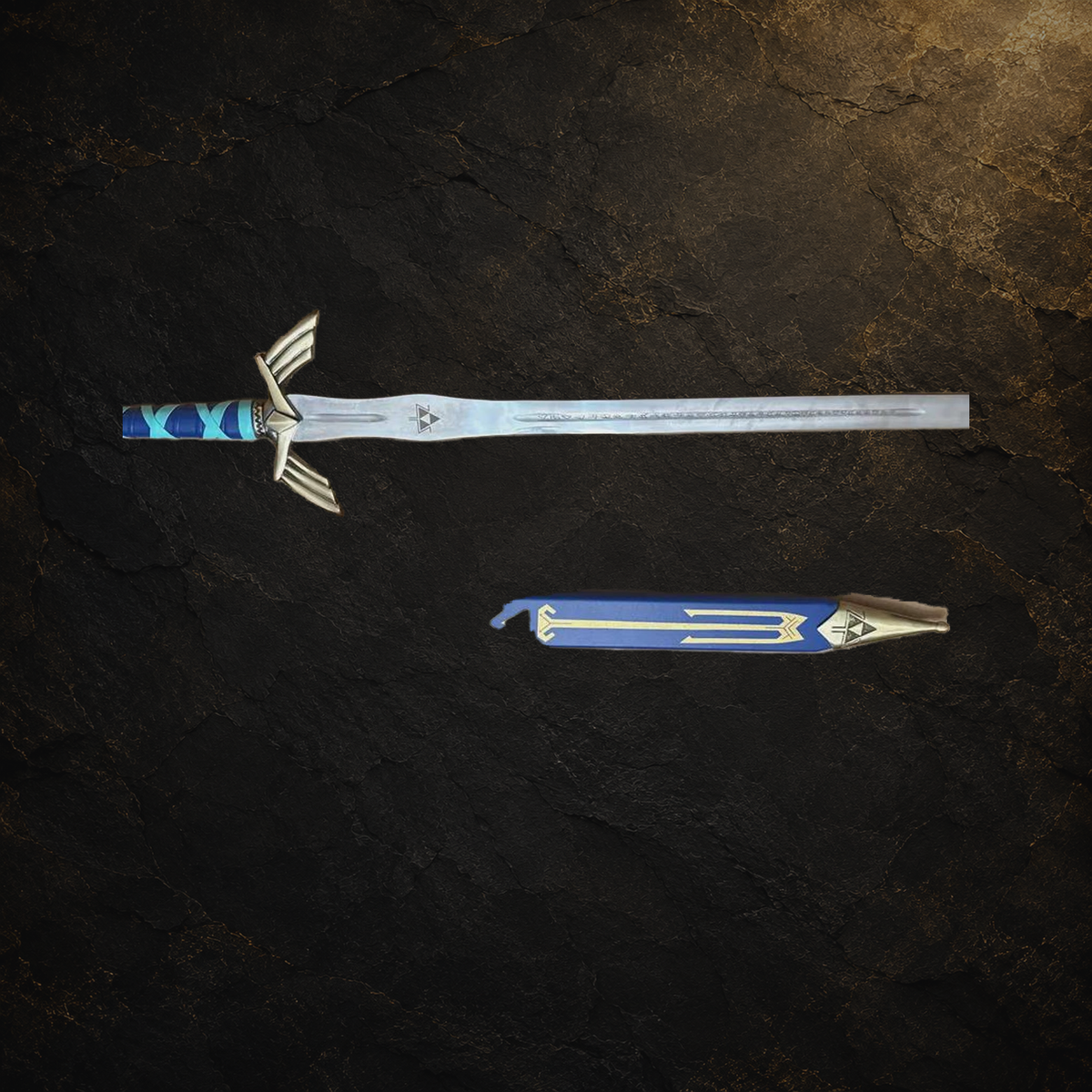 Zelda Master Sword cosplay prop and blue scabbard, view 7 on charcoal slate background
