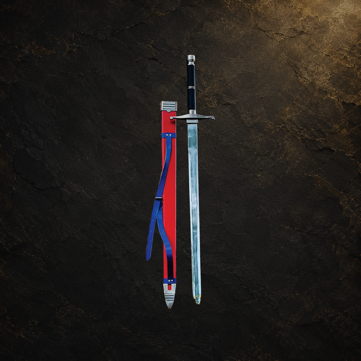Medieval fantasy display sword and scabbard, view 1 on charcoal slate background