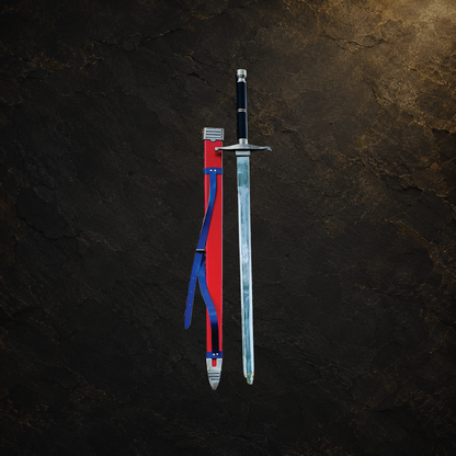 Medieval fantasy display sword and scabbard, view 1 on charcoal slate background