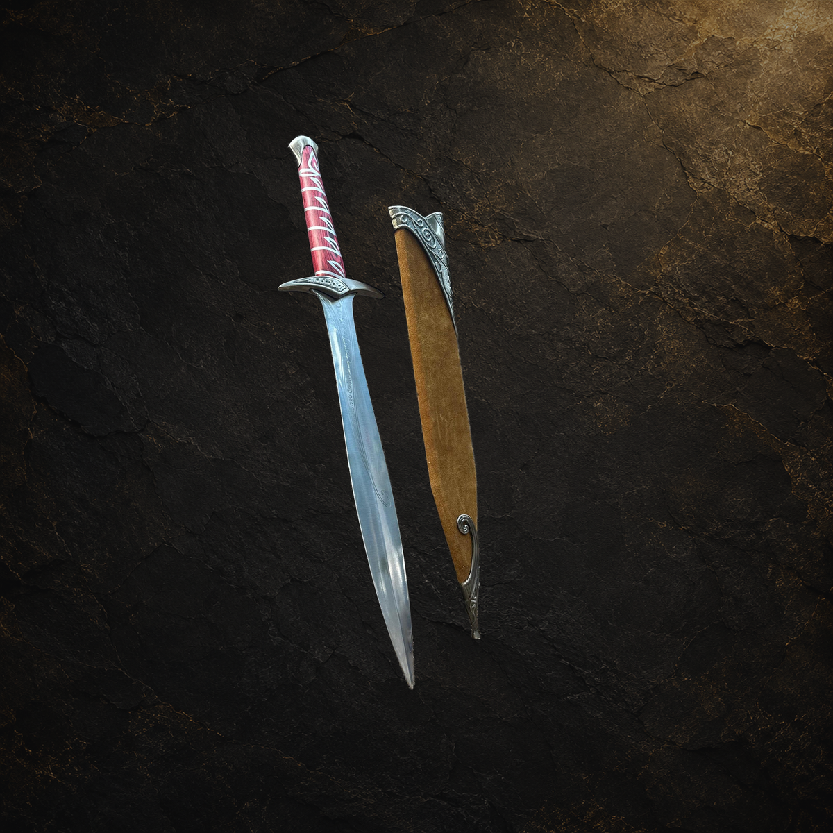 Medieval fantasy display sword and scabbard, view 10 on charcoal slate background