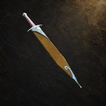 Medieval fantasy display sword and scabbard, view 11 on charcoal slate background