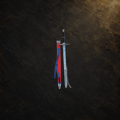 Medieval fantasy display sword and scabbard, view 3 on charcoal slate background