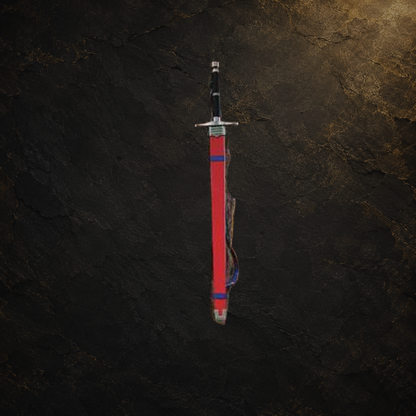 Medieval fantasy display sword and scabbard, view 5 on charcoal slate background