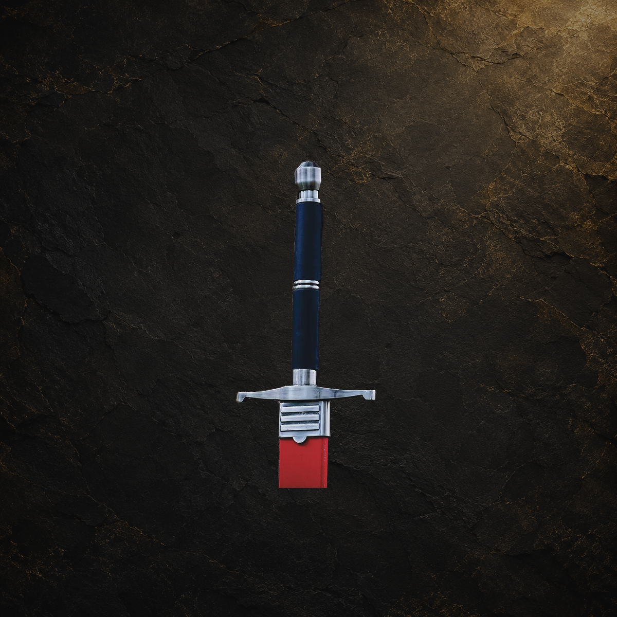 Medieval fantasy display sword and scabbard, view 6 on charcoal slate background