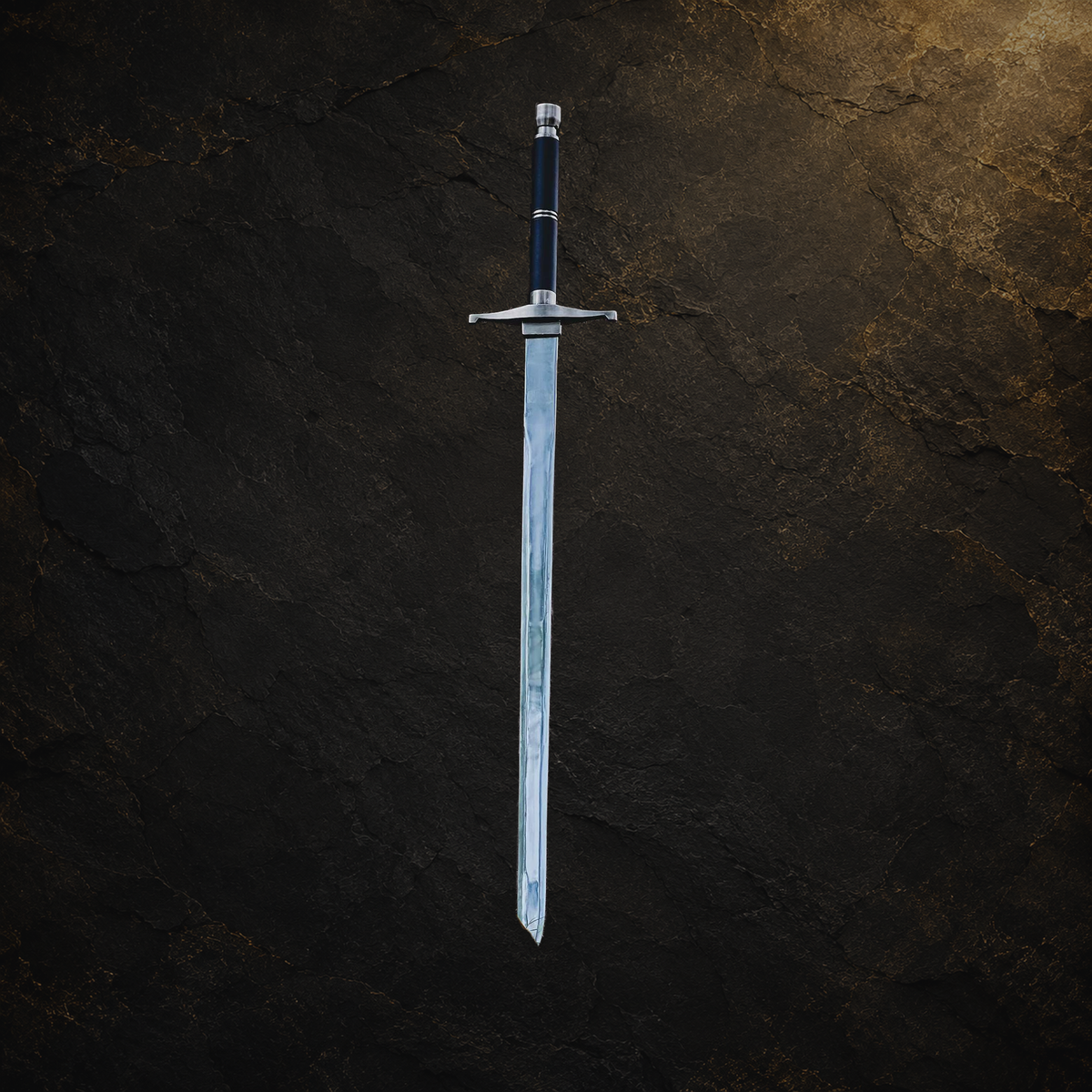 Medieval fantasy display sword and scabbard, view 7 on charcoal slate background