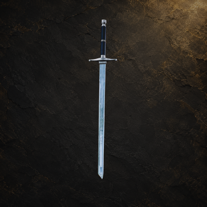 Medieval fantasy display sword and scabbard, view 7 on charcoal slate background