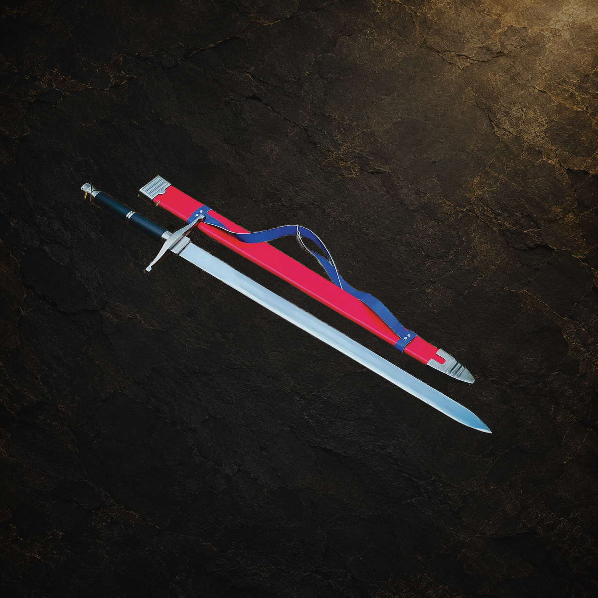 Medieval fantasy display sword and scabbard, view 8 on charcoal slate background