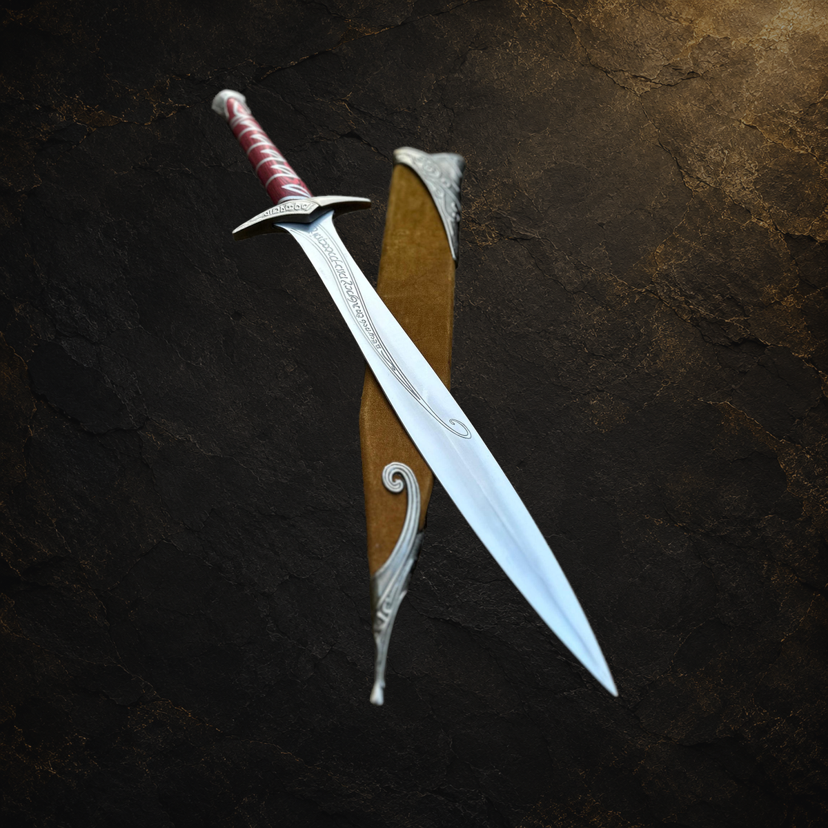Medieval fantasy display sword and scabbard, view 9 on charcoal slate background