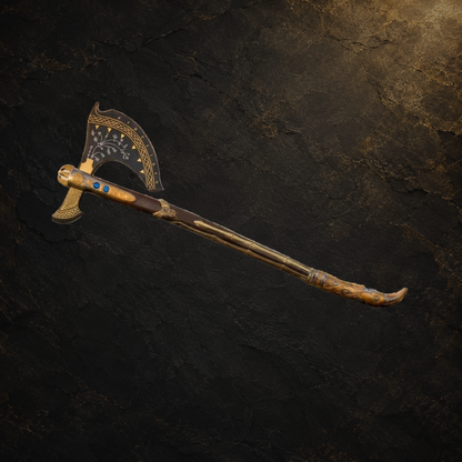 Norse decorative axe replica with wooden handle, view 2 on charcoal slate background