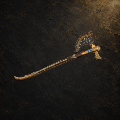 Norse decorative axe replica with wooden handle, view 3 on charcoal slate background