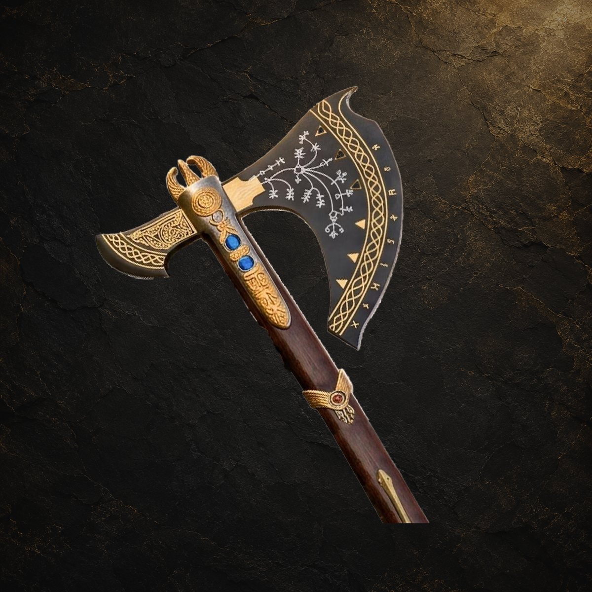 Norse decorative axe replica with wooden handle, view 4 on charcoal slate background