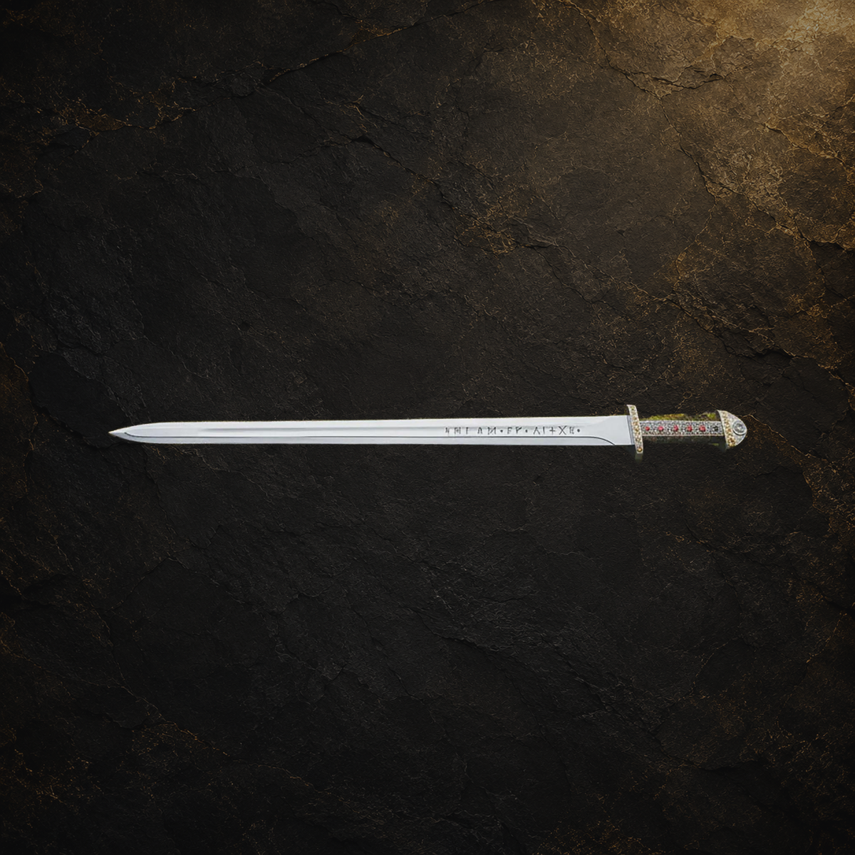 Ragnar Viking display sword replica with scabbard, view 2 on charcoal slate background