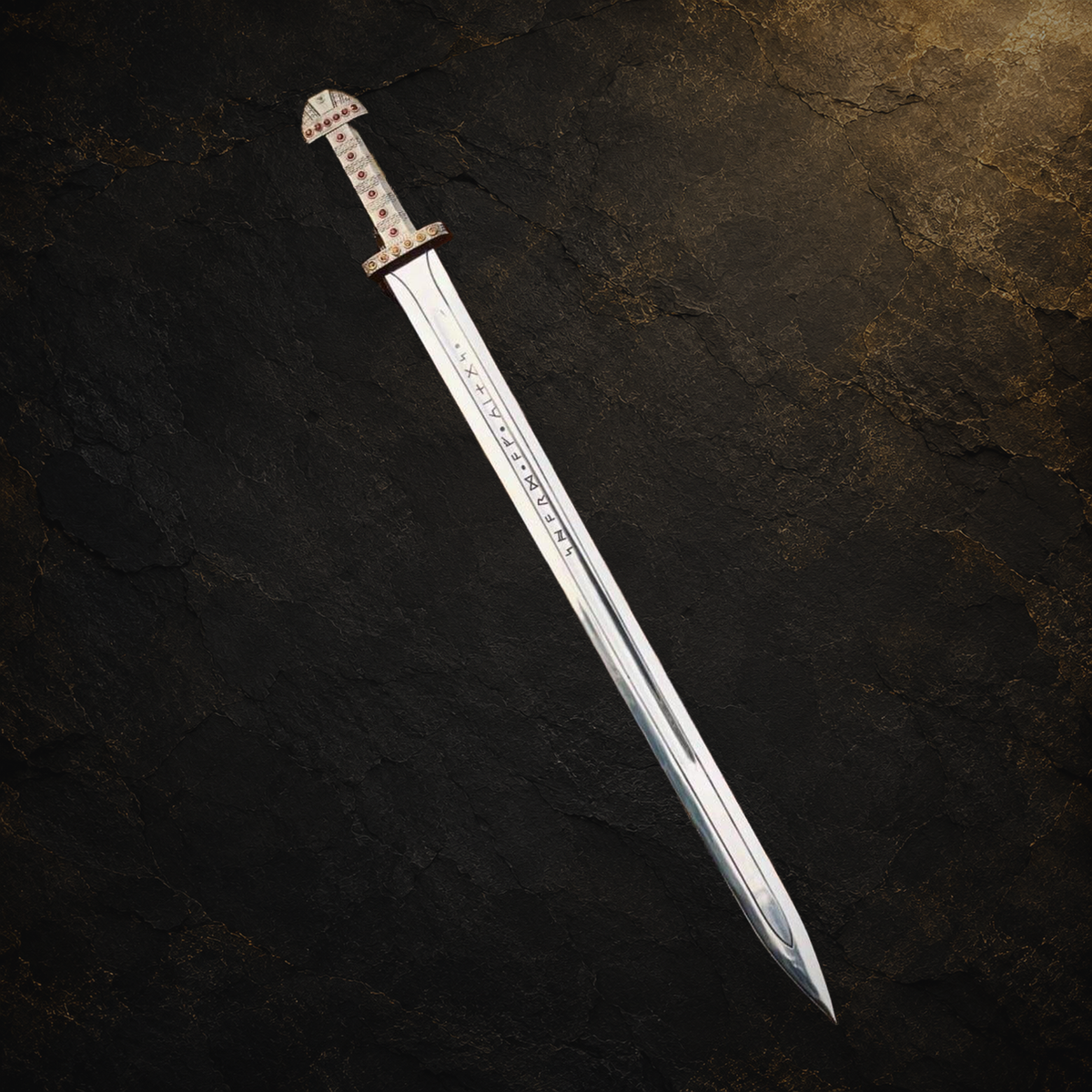Ragnar Viking display sword replica with scabbard, view 3 on charcoal slate background