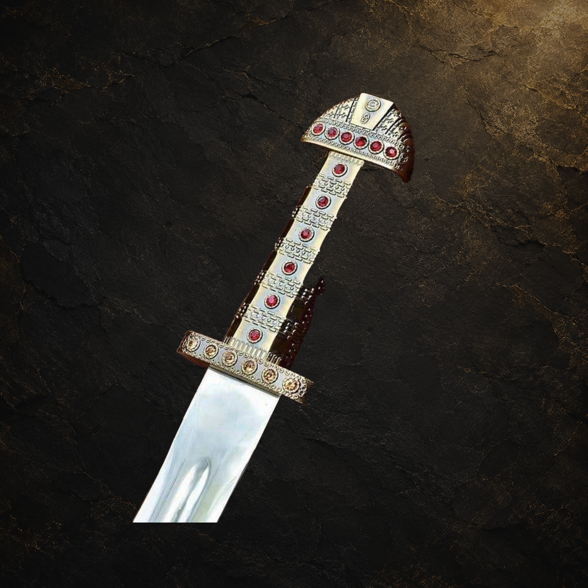 Ragnar Viking display sword replica with scabbard, view 5 on charcoal slate background