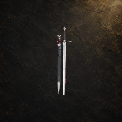 Ranger sword replica and scabbard, view 1 on charcoal slate background