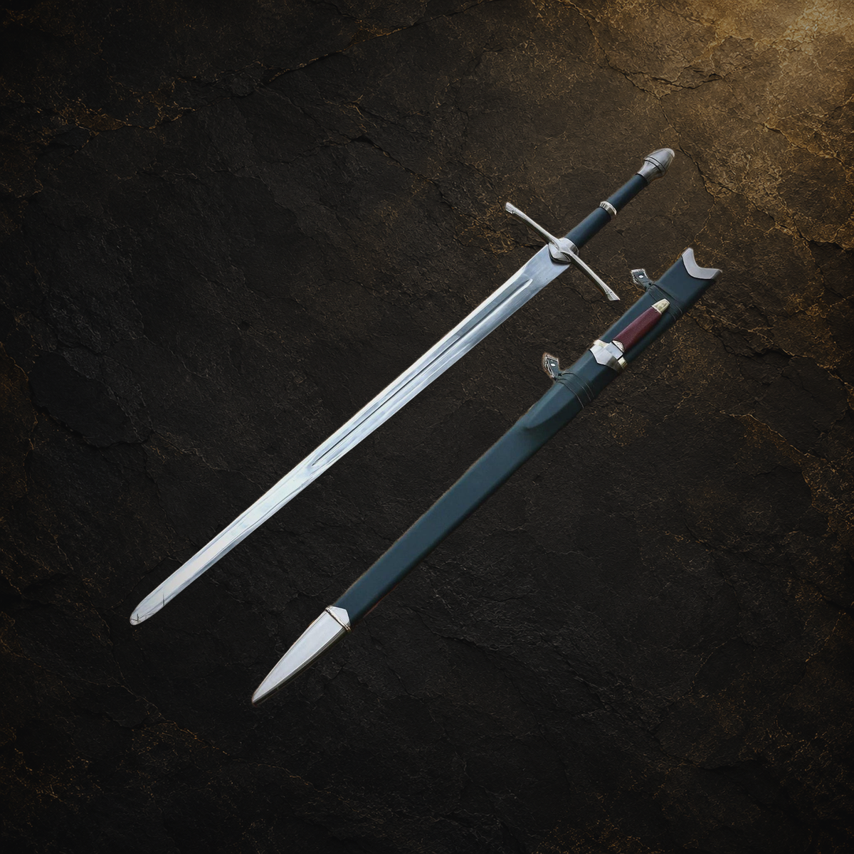 Ranger sword replica and scabbard, view 11 on charcoal slate background