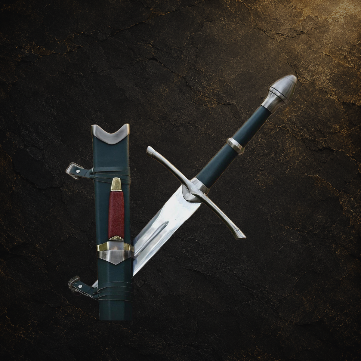 Ranger sword replica and scabbard, view 12 on charcoal slate background