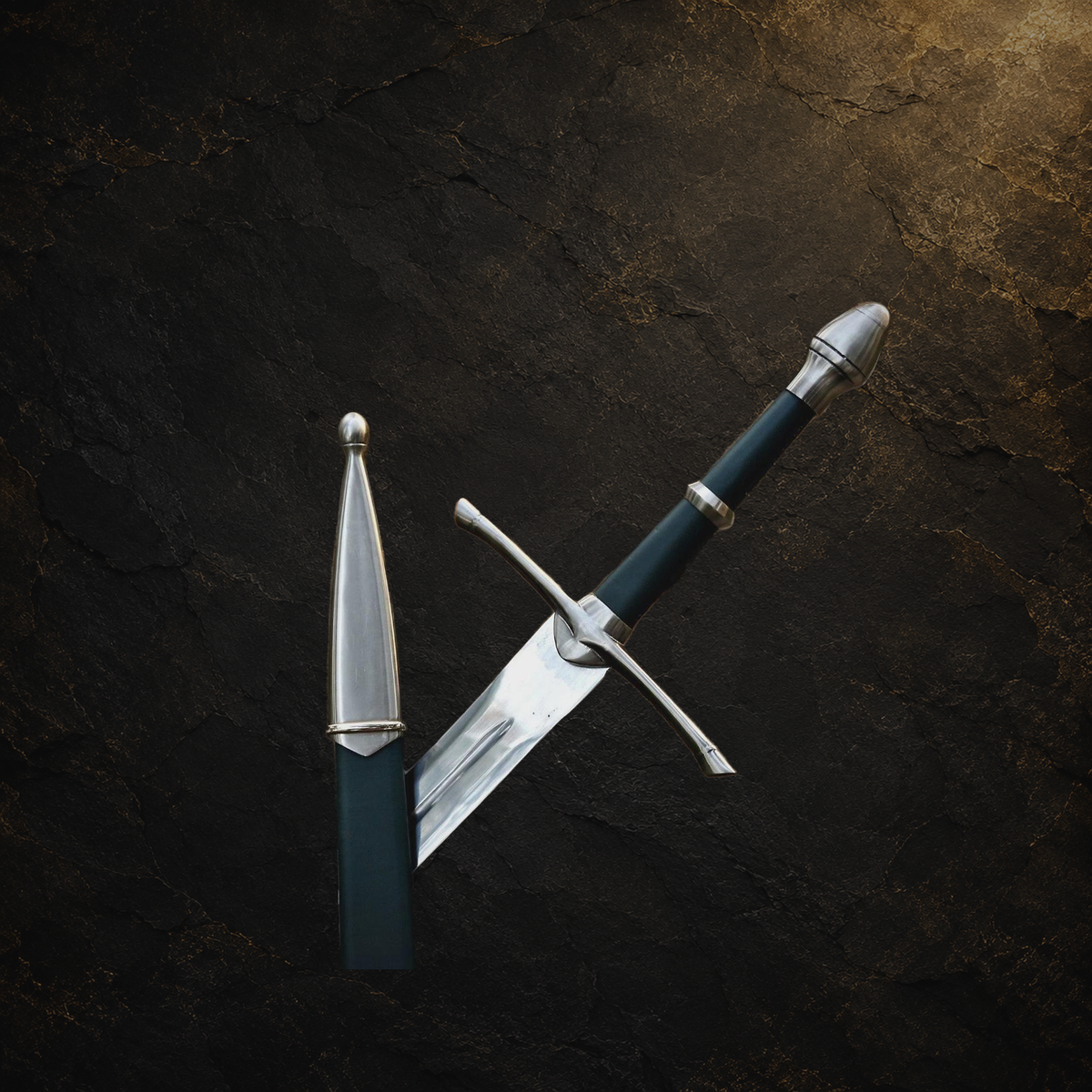 Ranger sword replica and scabbard, view 13 on charcoal slate background