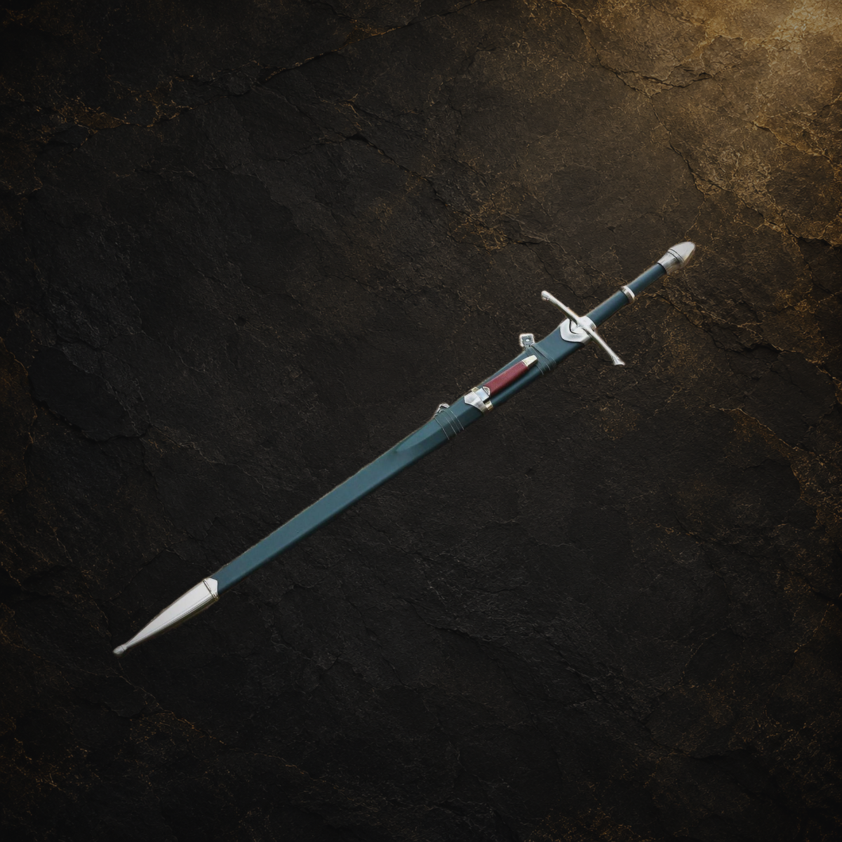 Ranger sword replica and scabbard, view 17 on charcoal slate background