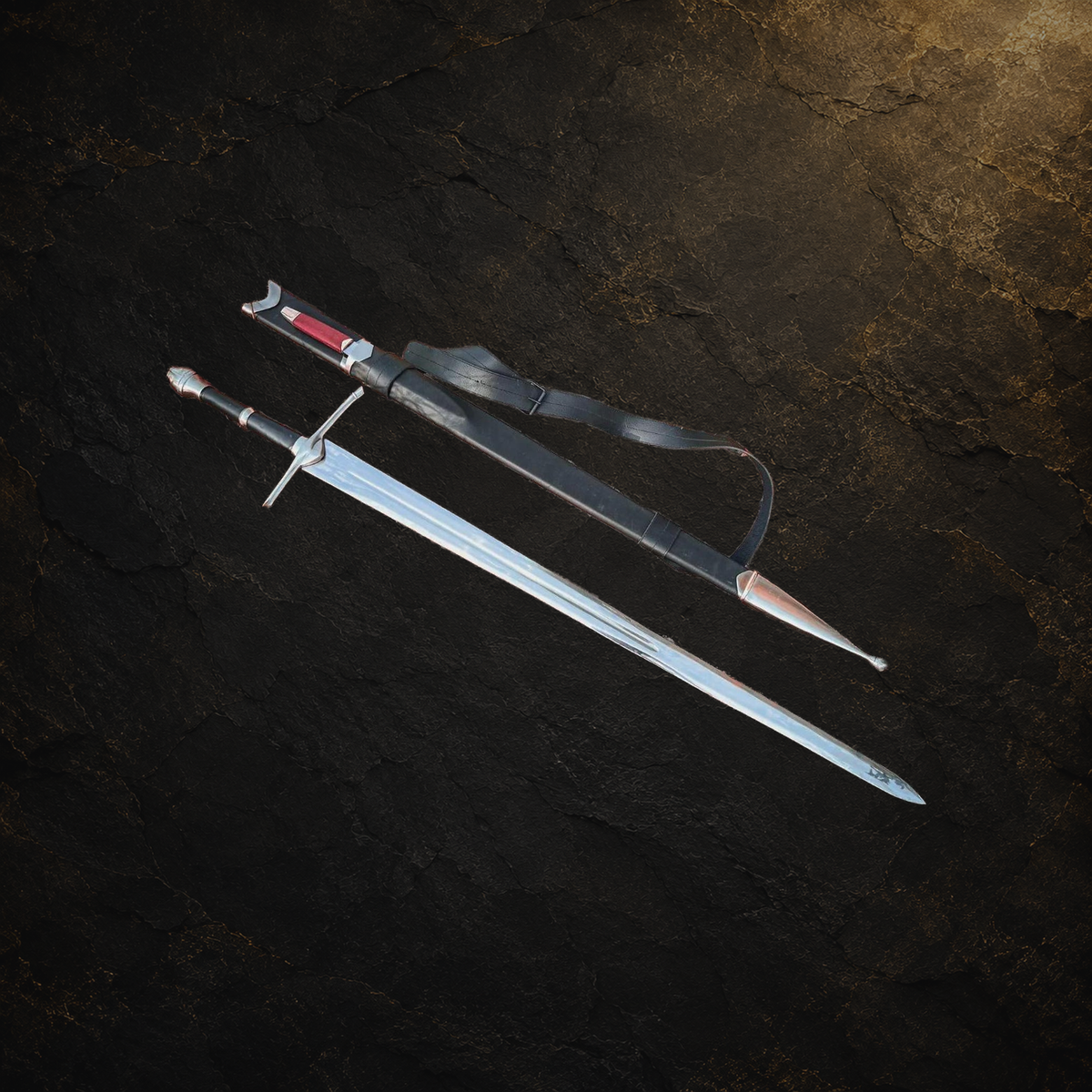 Ranger sword replica and scabbard, view 2 on charcoal slate background