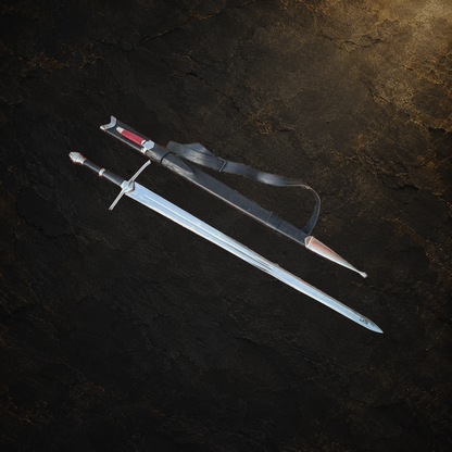 Ranger sword replica and scabbard, view 2 on charcoal slate background