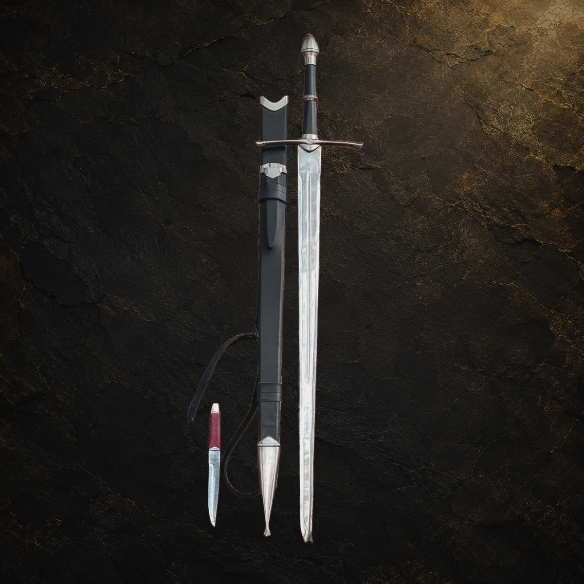 Ranger sword replica and scabbard, view 4 on charcoal slate background