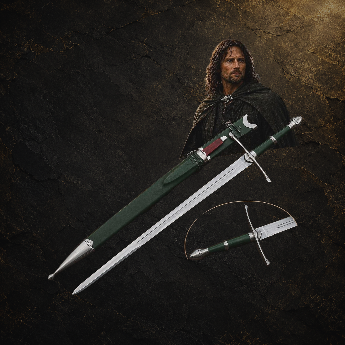 Ranger sword replica and scabbard, view 9 on charcoal slate background
